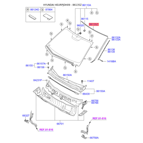 Молдинг (ущільнювач) лобового скла верхній 86135-2L000 Mobis - 861352L000 - схема з каталогу 86135Z, HEURPJDH09 861352L000