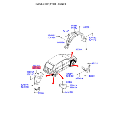 Обшивка (підкрилок), колісна ніша права 86822-1C500 Mobis - 868221C500 - схема з каталогу 86822B, KHMJPTB06 868221C500