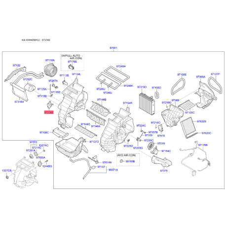 Важіль заслінки обігрівача (пічки) 97159-2K200 Mobis - 971592K200 - схема з каталогу 97236E, KKMAPAM12 971592K200
