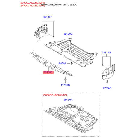 Захист двигуна / піддон двигуна 29120-3K500 Mobis - 291203K500 - схема з каталогу 29120C, KEURPNF08 291203K500