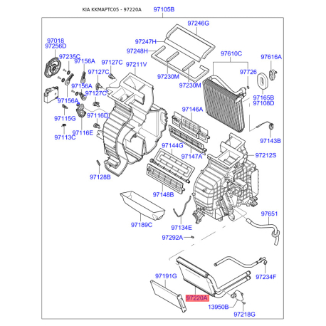 Радіатор пічки 97138-1G000 Mobis - 971381G000 - схема з каталогу 97220A, KKMAPTC05 971381G000
