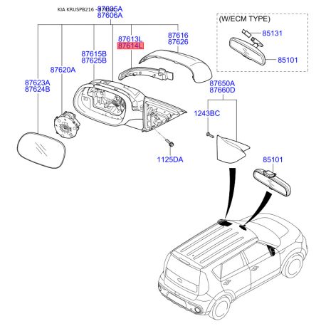 Повторитель поворотов на зеркале правый 87624-B2000 Mobis - 87624B2000 - схема с каталога 87614L, KRUSPB216 87624B2000