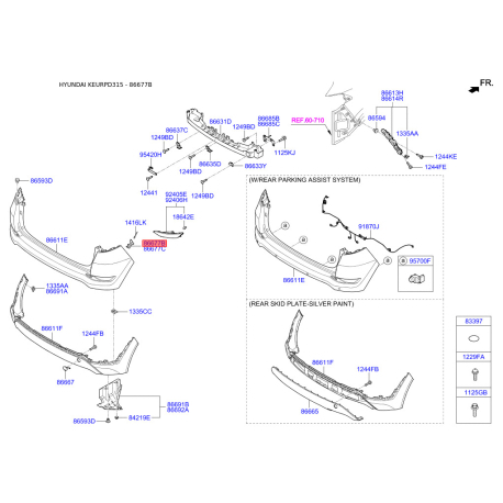 Кронштейн, буфер левый 86677-D3000 Mobis - 86677D3000 - схема с каталога 86677B, KEURPD315 86677D3000
