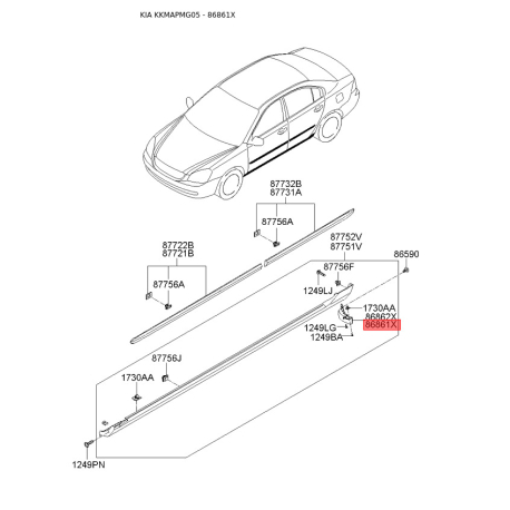 Крепления подкрылка и брызговика левое 86863-2G000 Mobis - 868632G000 - схема с каталога 86861X, KKMAPMG05 868632G000