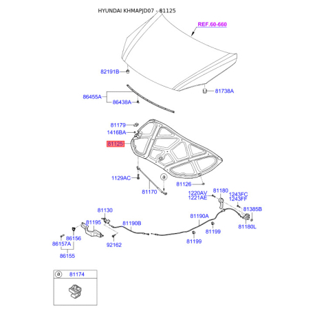 Шумоізоляція (теплоізоляція) капота 81125-2L000 Mobis - 811252L000 - схема з каталогу 81125, KHMAPJD07 811252L000