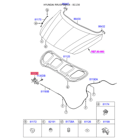 Замок капота 81130-4L300 Mobis - 811304L300 - схема с каталога 81130, RRUSPSBR14 811304L300
