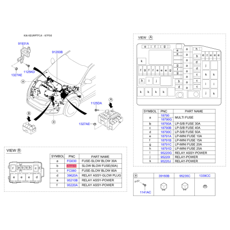 Запобіжники 91850-4A000 Mobis - 918504A000 - схема з каталогу 67F50, KEURPTF14 918504A000