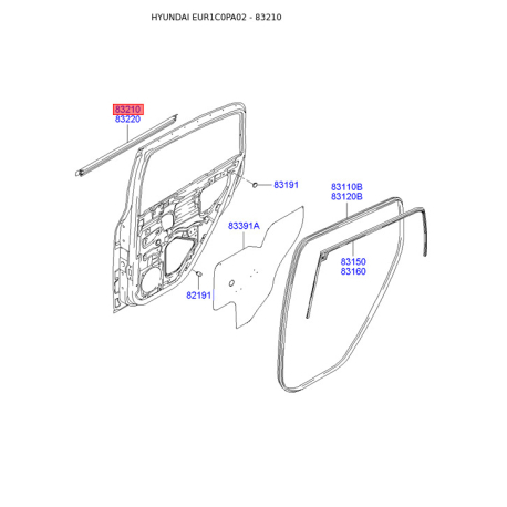 Ущільнювач (прокладка), бічне скло лівий 83210-1C002 Mobis - 832101C002 - схема з каталогу 83210, EUR1C0PA02 832101C002