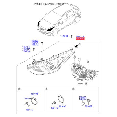 Фара основная правая 92102-A6000 Mobis - 92102A6000 - схема с каталога 92102A, HRUSPA612 92102A6000