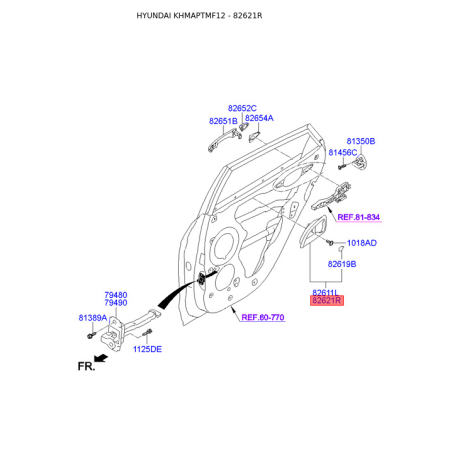 Ручка дверей, внутрішнє обладнання права 82621-2S0009P Mobis - 826212S0009P - схема з каталогу 82621R, KHMAPTMF12 826212S0009P