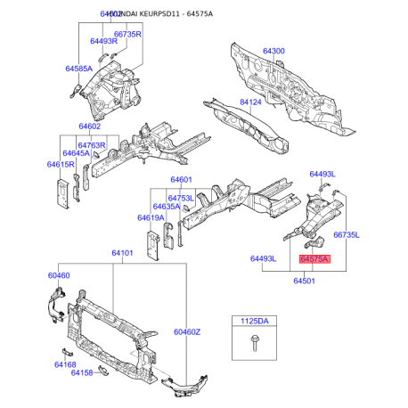 Кронштейн, облицювання радіатора лівий 64577-3X000 Mobis - 645773X000 - схема з каталогу 64575A, KEURPSD11 645773X000
