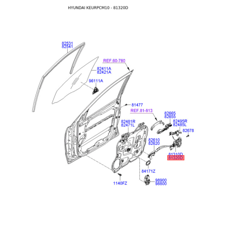 Замок дверей правий 81320-2B030 Mobis - 813202B030 - схема з каталогу 81320D, KEURPCM10 813202B030