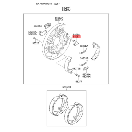 Важіль верхній (планка розведення) колодок стоянкового гальма лівий 58257-2G000 Mobis - 582572G000 - схема з каталогу 58257 582572G000