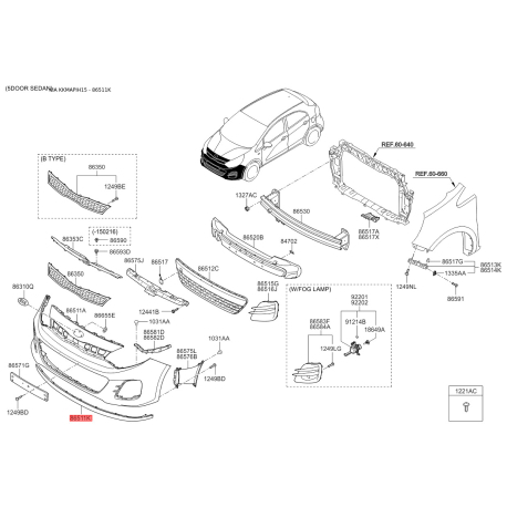 Накладка бампера нижня (губа) 86591-1W500 Mobis - 865911W500 - схема з каталогу 86511K, KKMAPIH15 865911W500