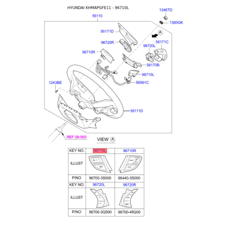 Кнопка управления автомагнитолой на руле левая 96700-3S000RY Mobis - 967003S000RY - схема с каталога 96710L, KHMAPGFE11 967003S000RY