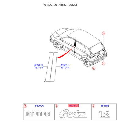 Эмблема задней и боковой двери, капота 86320-1C000 Mobis - 863201C000 - схема с каталога 86320J, IEURPTBI07 863201C000