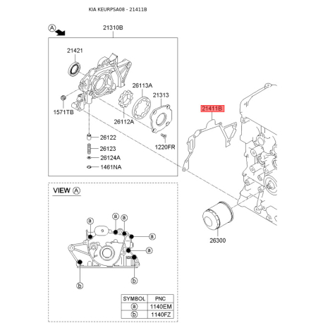 Прокладка, масляный насос 21411-02500 Mobis - 2141102500 - схема с каталога 21411B, KEURPSA08 2141102500