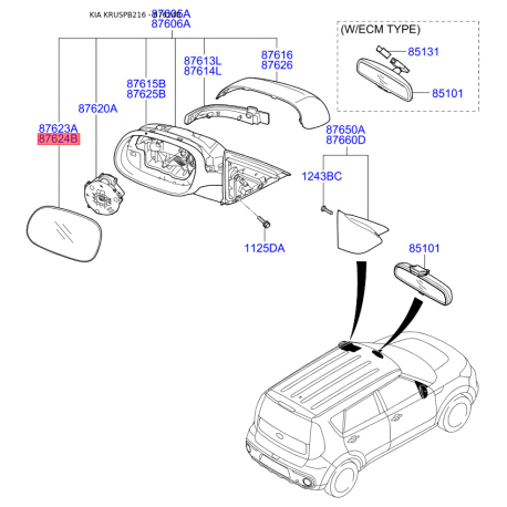 Дзеркальний елемент зовнішнього дзеркала задній правий 87621-B2040 Mobis - 87621B2040 - схема з каталогу 87624B, KRUSPB216 87621B2040