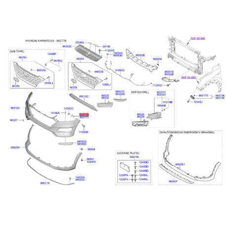 Кронштейн, буфер левый 86577-D3500 Mobis - 86577D3500 - схема с каталога 86577B, KHMAPD318 86577D3500