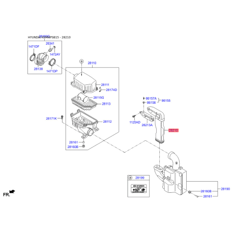 Рукав повітрозабірника, повітряний фільтр 28210-1R100 Mobis - 282101R100 - схема з каталогу 28210, KHMAPSB15 282101R100
