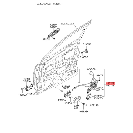 Замок дверей правий 81322-1G000 Mobis - 813221G000 - схема з каталогу 81320E, KKMAPTC05 813221G000