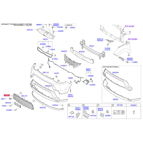 Решетка вентилятора, буфер 86561-B2000 Mobis - 86561B2000 - схема с каталога 86512D, KRUSPB213 86561B2000