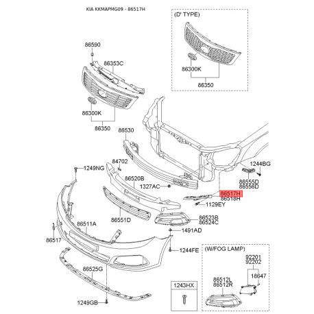 Кронштейн, буфер лівий верхній 86551-2G500 Mobis - 865512G500 - схема з каталогу 86517H, KKMAPMG09 865512G500