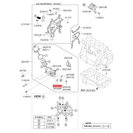 Прокладка корпус масляного фільтра 26314-2A500 Mobis - 263142A500 - схема з каталогу 26343S, HEURPDN10 263142A500