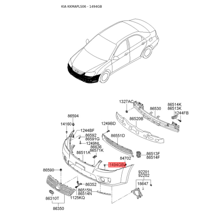 Пистон (клипса) обивки багажника 0K2A1-50037 Mobis - 0K2A150037 - схема с каталога 1494GB, KKMAPLS06 0K2A150037