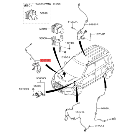 Датчик частоты вращения колеса (ABS) передний правый 95671-2K000 Mobis - 956712K000 - схема с каталога 95670R, KKMAPAM12 956712K000