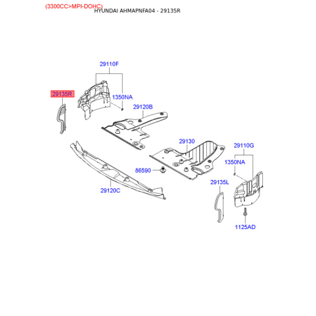 Облицовка / защитная накладка, облицовка радиатора правая 29135-3K000 Mobis - 291353K000 - схема с каталога 29135R, AHMAPNFA04 291353K000