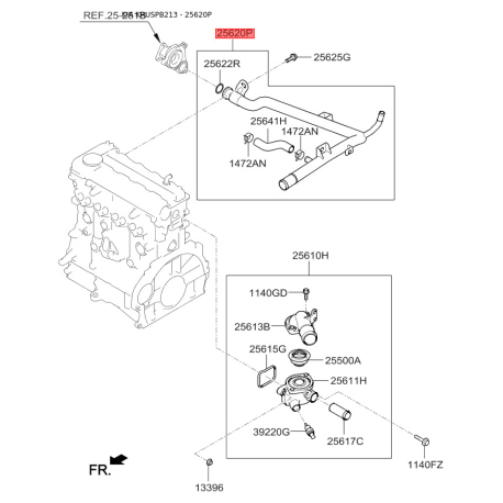 Фланець охолоджувальної рідини 25620-2A750 Mobis - 256202A750 - схема з каталогу 25620P, KRUSPB213 256202A750