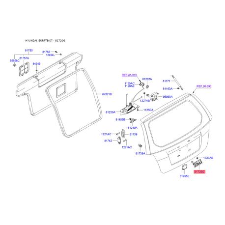 Корпус ліхтар освітлення номерний знак 81720-1C000 Mobis - 817201C000 - схема з каталогу 81720G, IEURPTBI07 817201C000