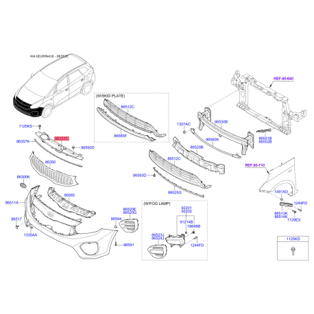 Решетка радиатора верхняя 86366-A4000 Mobis - 86366A4000 - схема с каталога 86353C, KEURPA416 86366A4000