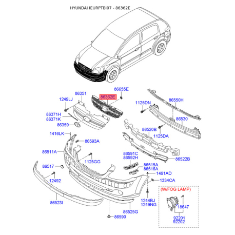Решітка радіатора 86365-1C310 Mobis - 863651C310 - схема з каталогу 86362E, IEURPTBI07 863651C310