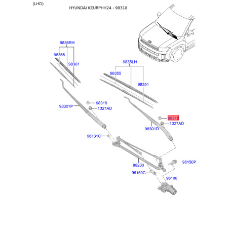 Крепление переднего рычага стеклоочистителя и трапеции 98380-1R000 Mobis - 983801R000 - схема с каталога 98318, KEURPHH24 983801R000