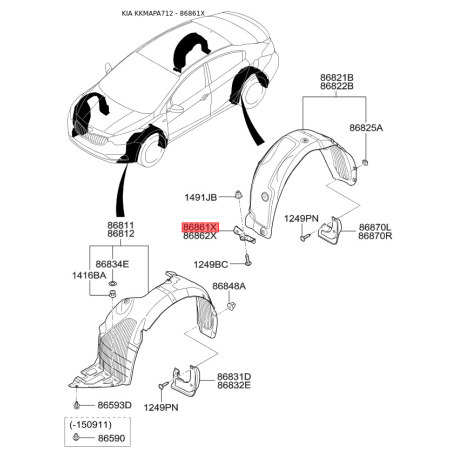 Кріплення підкрилка і бризковика ліве 86861-A7000 Mobis - 86861A7000 - схема з каталогу 86861X, KKMAPA712 86861A7000