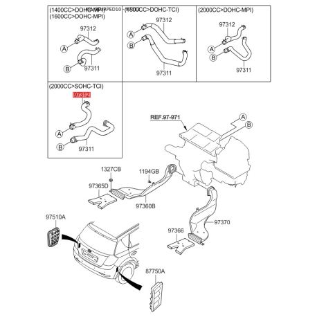 Шланг, теплообменник - отопление 97312-2R150 Mobis - 973122R150 - схема с каталога 97312, SEURPED10 973122R150