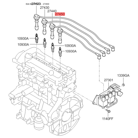 Дроти високовольтні 27450-03100 Mobis - 2745003100 - схема з каталогу 27450, KEURPTA15 2745003100