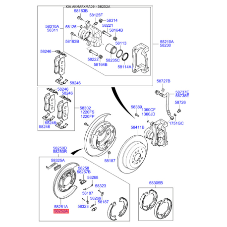 Щит заднього стоянкового гальма без колодок правий 58252-2P500 Mobis - 582522P500 - схема з каталогу 58252A, AKMAPXMA09 582522P500