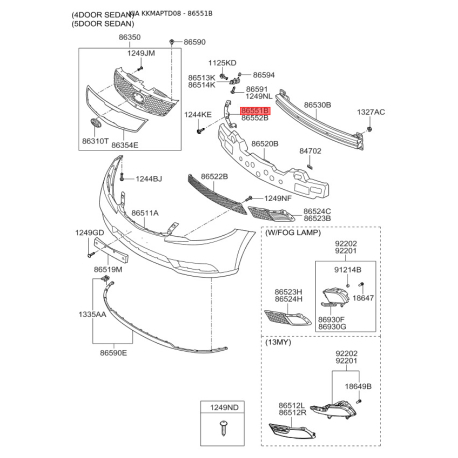 Кронштейн, буфер левый верхний 86517-1M000 Mobis - 865171M000 - схема с каталога 86551B, KKMAPTD08 865171M000