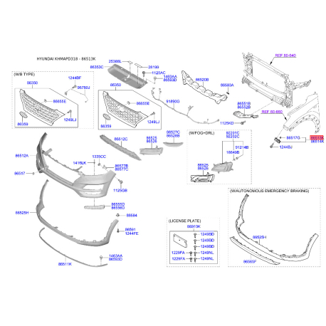 Кронштейн, буфер левый 86513-D3000 Mobis - 86513D3000 - схема с каталога 86513K, KHMAPD318 86513D3000