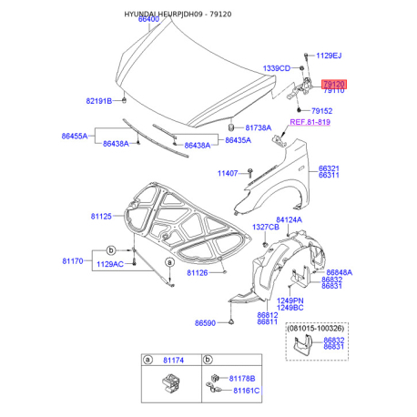 Петля капота права 79120-2L000 Mobis - 791202L000 - схема з каталогу 79120, HEURPJDH09 791202L000