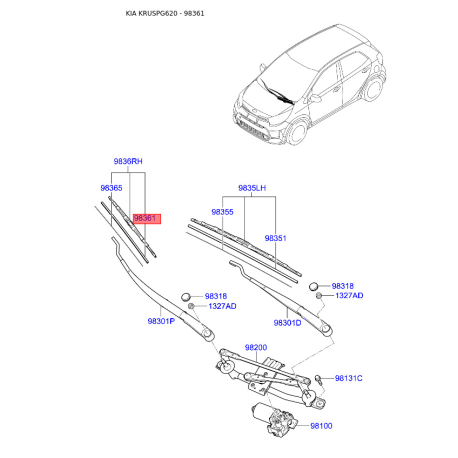 Щітка склоочисника 98361-2W100 Mobis - 983612W100 - схема з каталогу 98361, KRUSPG620 983612W100
