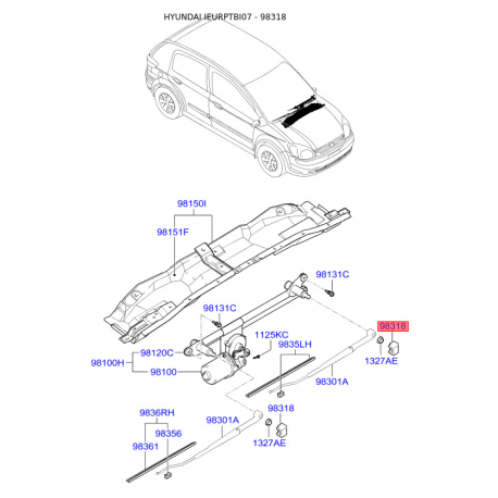 Кріплення переднього важеля склоочисника і трапеції 98380-1C000 Mobis - 983801C000 - схема з каталогу 98318, IEURPTBI07 983801C000
