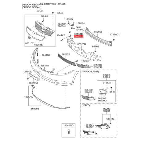 Кронштейн, буфер правый верхний 86518-1M000 Mobis - 865181M000 - схема с каталога 86552B, KKMAPTD08 865181M000