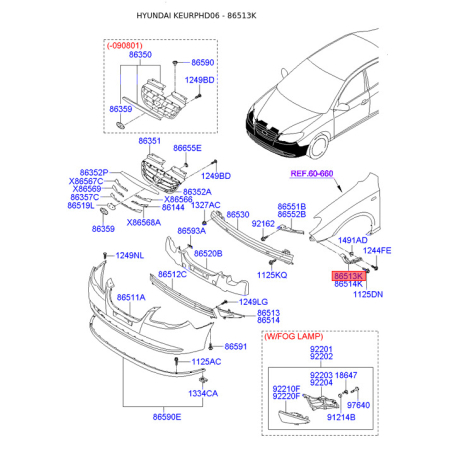 Кронштейн, буфер левый 86513-2H000 Mobis - 865132H000 - схема с каталога 86513K, KEURPHD06 865132H000