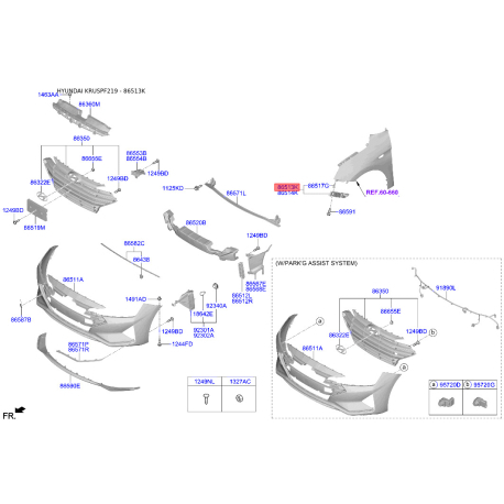 Кронштейн, буфер лівий 86513-F2AA0 Mobis - 86513F2AA0 - схема з каталогу 86513K, KRUSPF219 86513F2AA0