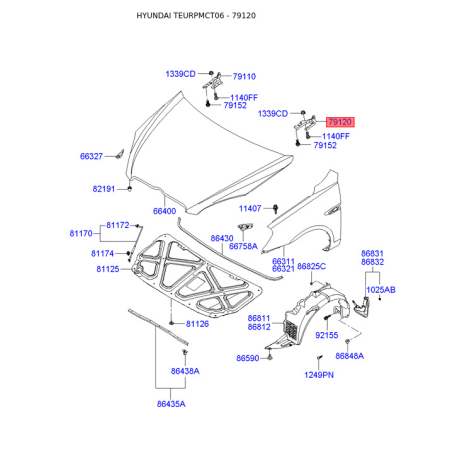 Петля капота правая 79120-1E000 Mobis - 791201E000 - схема с каталога 79120, TEURPMCT06 791201E000