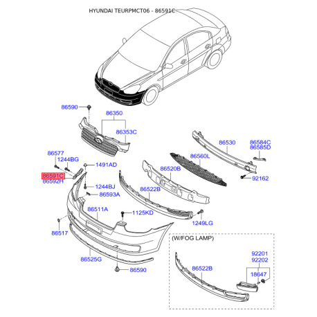 Пистон (клипса) бампера и рычага левый 86591-1E000 Mobis - 865911E000 - схема с каталога 86591C, TEURPMCT06 865911E000